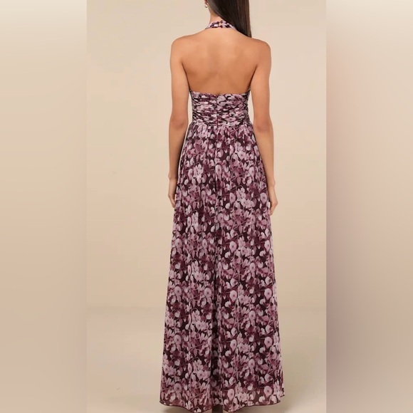 Illustrious Aura Plum Purple Floral Pleated Halter Maxi Dress size S - Picture 2 of 4
